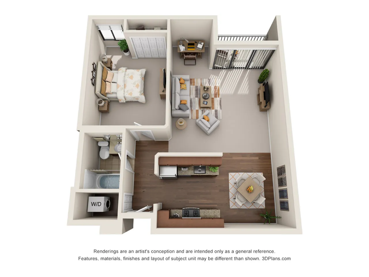 Modern 3D floor plan showcasing a cozy one-bedroom apartment with an open living area, stylish kitchen, and inviting balcony.