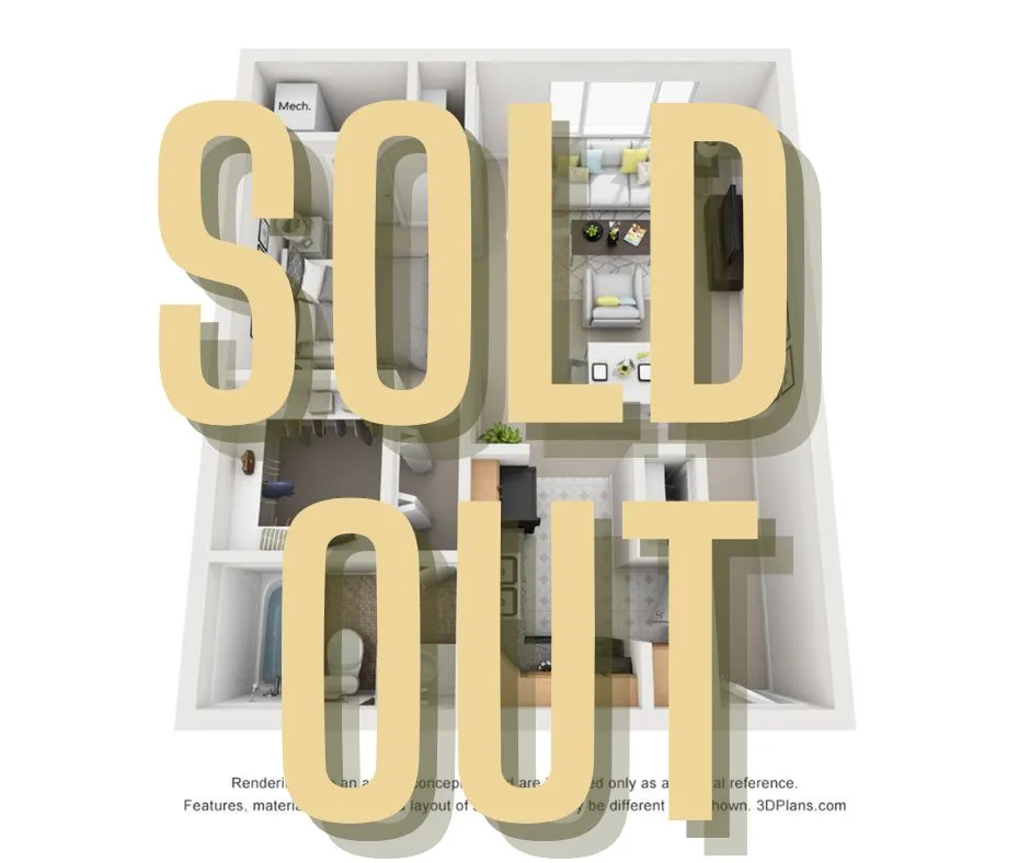 Modern apartment floor plan showcasing a spacious layout with a cozy living area, stylish kitchen, and well-designed bedrooms. Now sold out!