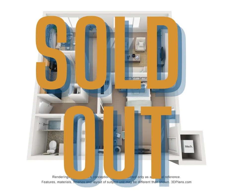 Modern apartment floor plan with 2 bedrooms, cozy living area, kitchen, and stylish bathroom, now marked as sold out.