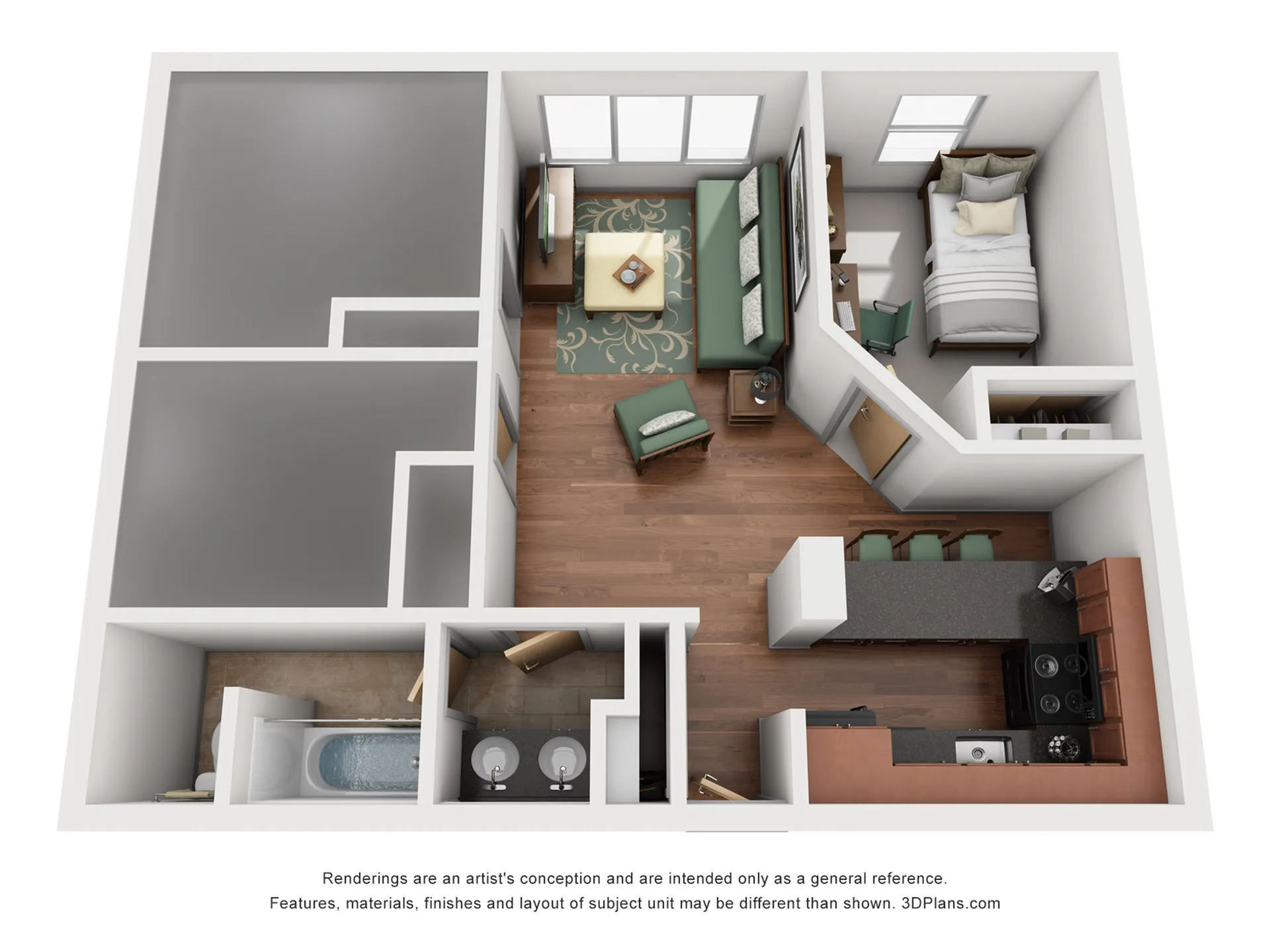 Chic 3D floor plan showcasing a cozy 1-bedroom apartment with inviting open-concept living and dining area, modern kitchen, and spacious bathroom.