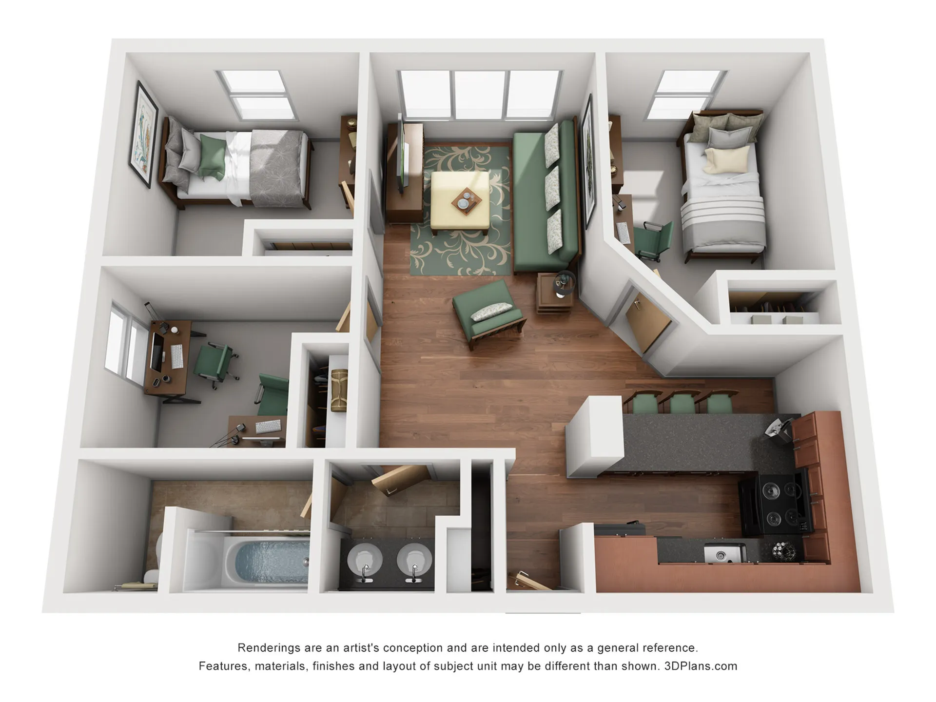 Modern 3D floor plan featuring two cozy bedrooms, a vibrant living room, stylish bathroom, and a sleek open kitchen with dining area, ideal for comfortable urban living.