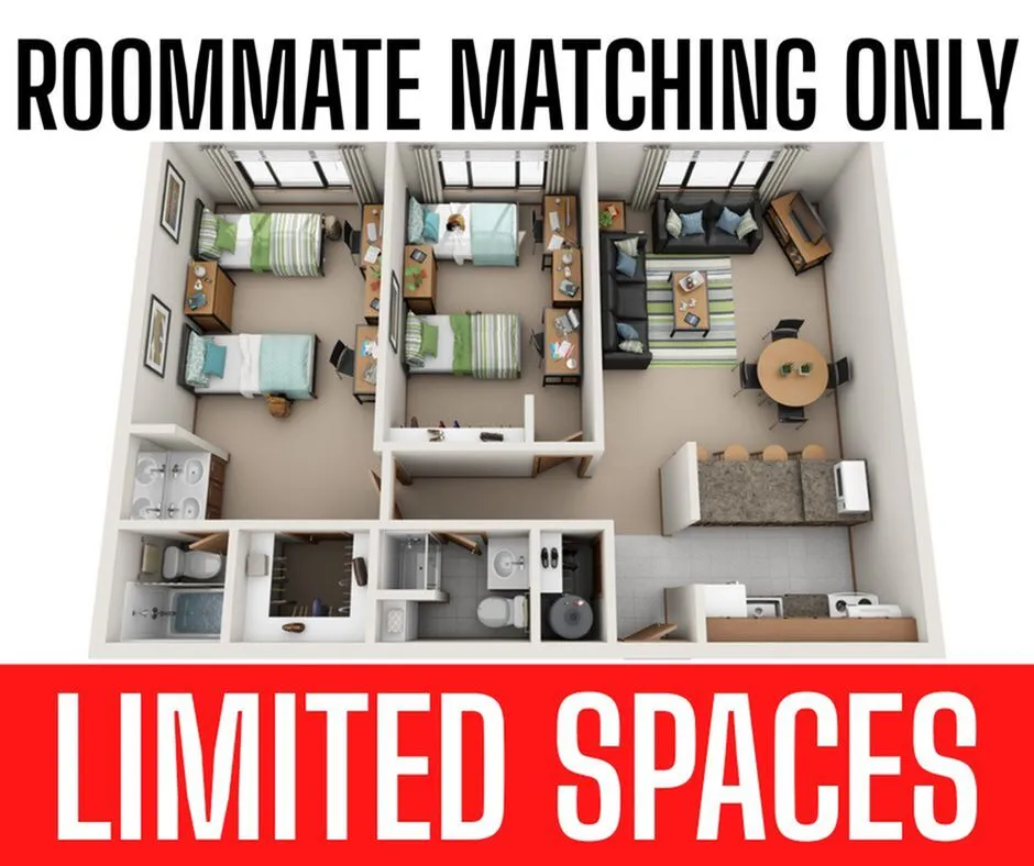Inviting 3D floor plan showcasing a cozy two-bedroom layout with shared living area, modern kitchen, and dual bathrooms, ideal for roommate matching.