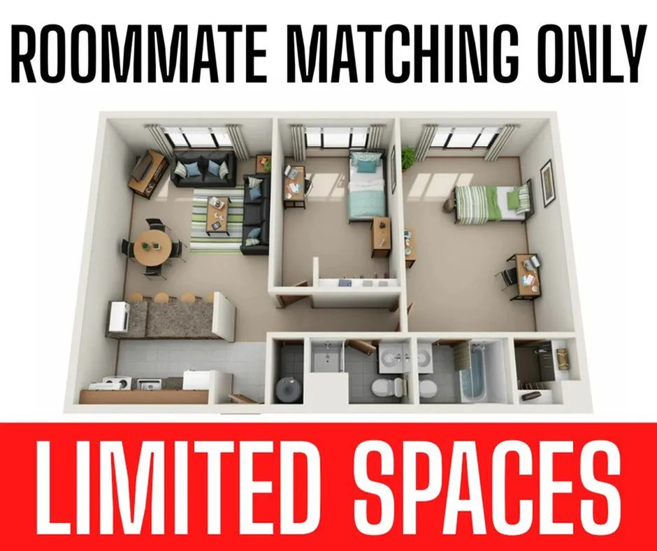 Contemporary 3D floor plan showcasing a cozy two-bedroom apartment with a modern living area, efficient kitchen, and shared bathroom. Ideal for roommate matching with limited spaces available.