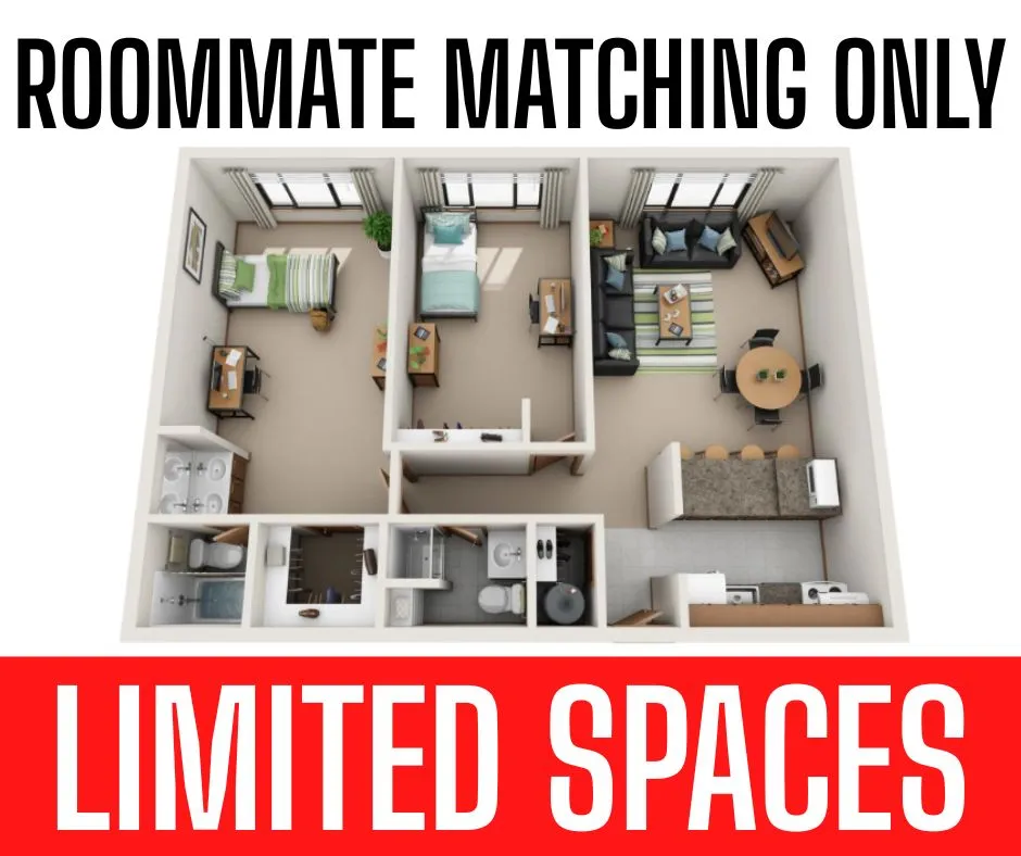 Modern apartment floor plan showcasing roommate-friendly layout with two cozy bedrooms, a stylish shared living room, and well-equipped kitchen. Secure your spot in limited spaces.