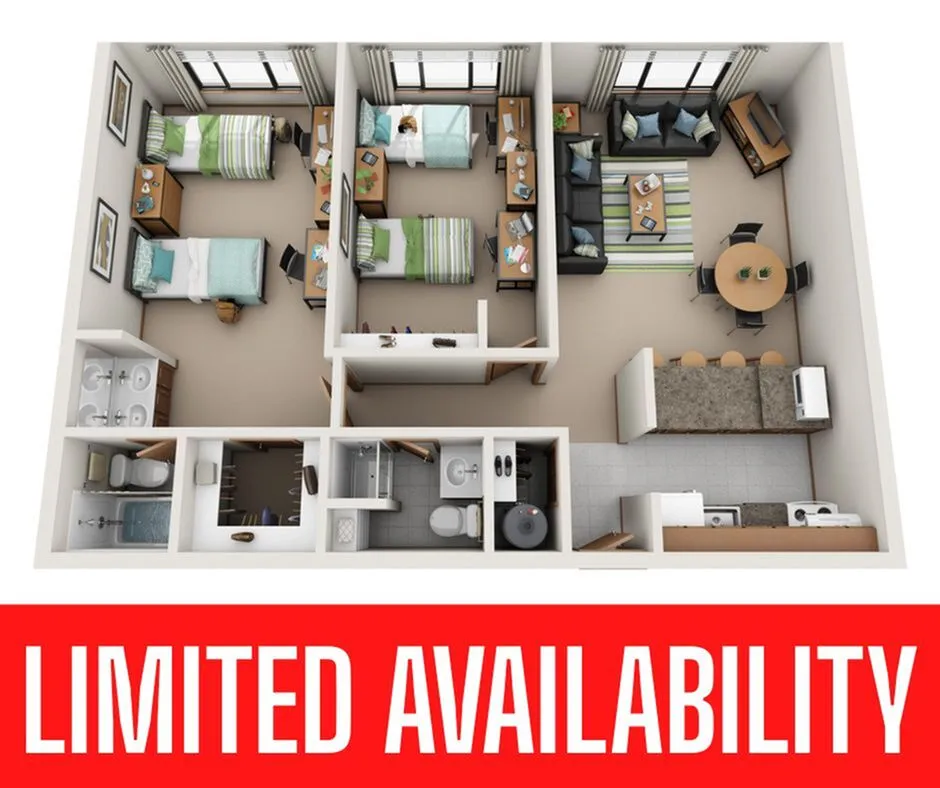 Modern apartment floor plan with two bedrooms, a cozy living area, and a fully equipped kitchen, featuring bright natural light and ample workspace. Limited availability highlights this desirable layout.
