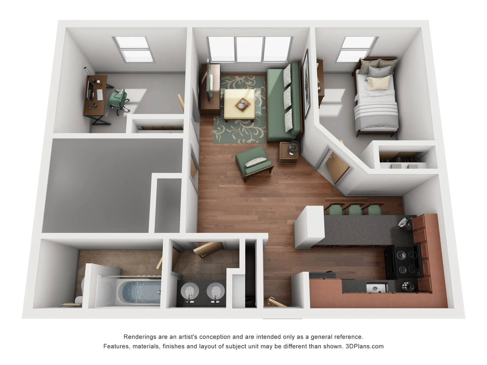 Modern 3D floor plan showcasing a cozy bedroom, office space, and open-concept living area with kitchen, ideal for contemporary living.