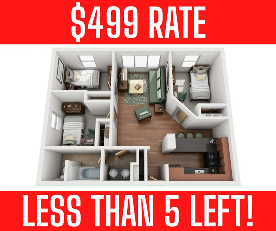 Affordable 3D floor plan showcasing 3 cozy bedrooms, an inviting living room, a modern kitchen, and a sleek bathroom, all for just $499. Limited availability!
