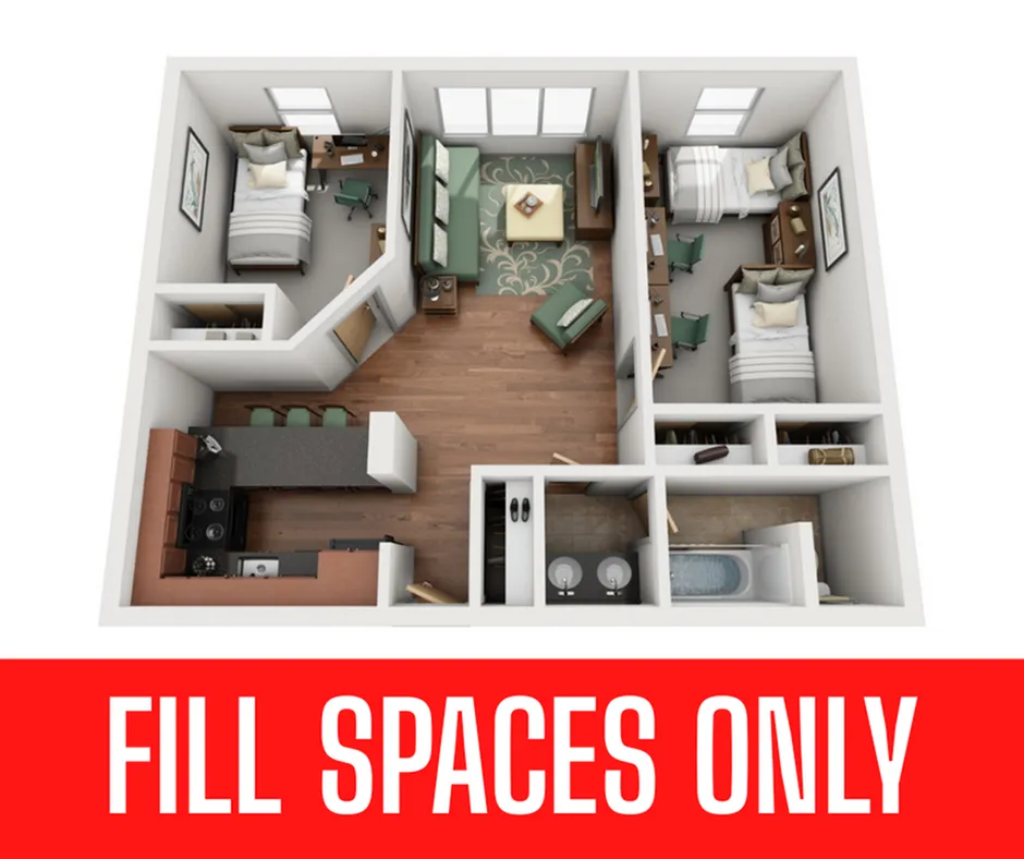 Contemporary 3D apartment layout with two bedrooms, inviting living room, modern kitchen, and stylish bathroom.