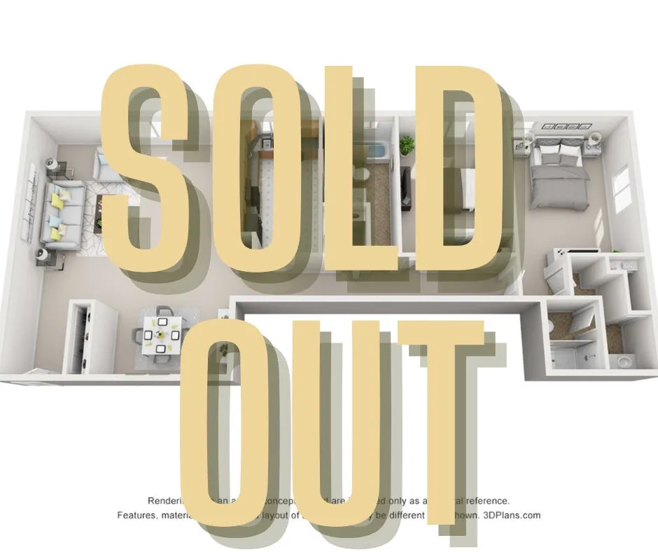 Deluxe floor plan with contemporary design, featuring a cozy bedroom, stylish living area, modern kitchen, and elegant bathroom, highlighted by a SOLD OUT banner.