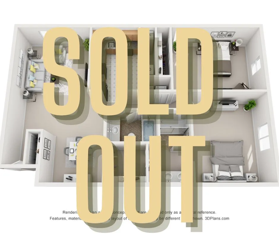 Modern 3D floor plan featuring two cozy bedrooms, an elegant open living room, and a fully equipped kitchen, seamlessly designed for comfort. Now sold out.