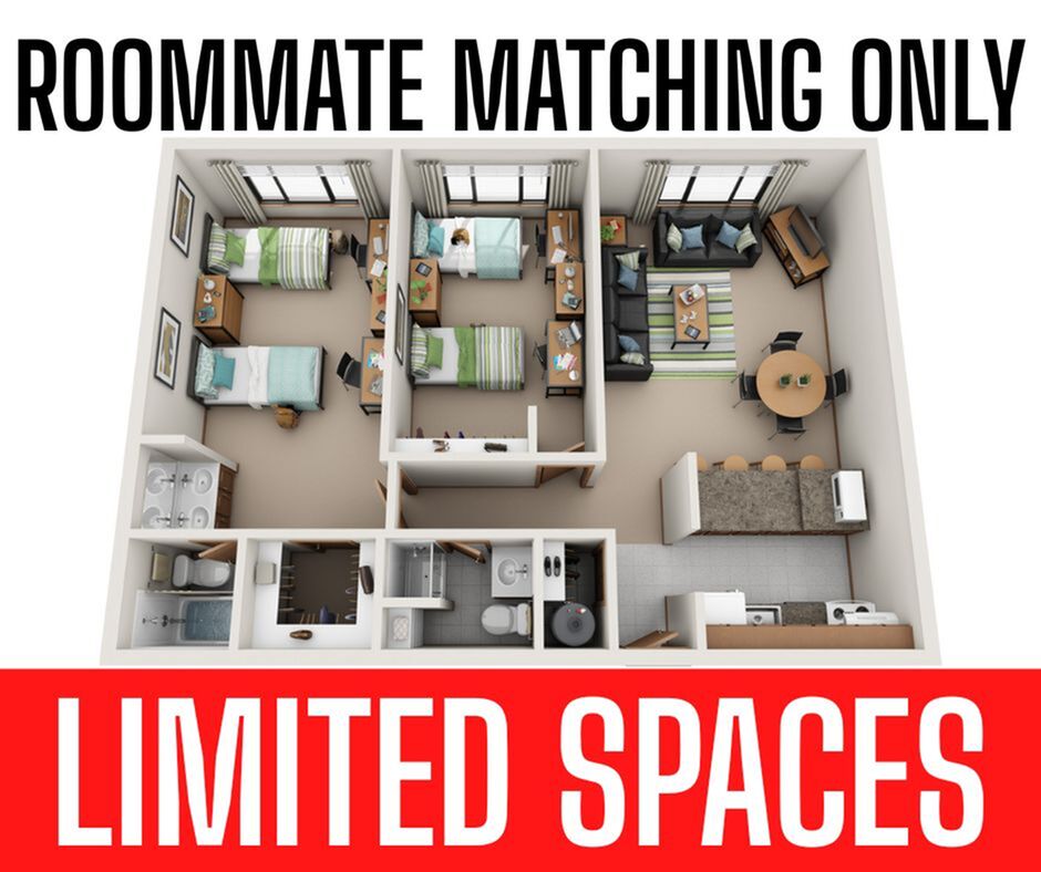 Modern apartment floor plan featuring two cozy bedrooms, a chic living area, dining space, and a fully equipped kitchen, perfect for roommate matching.