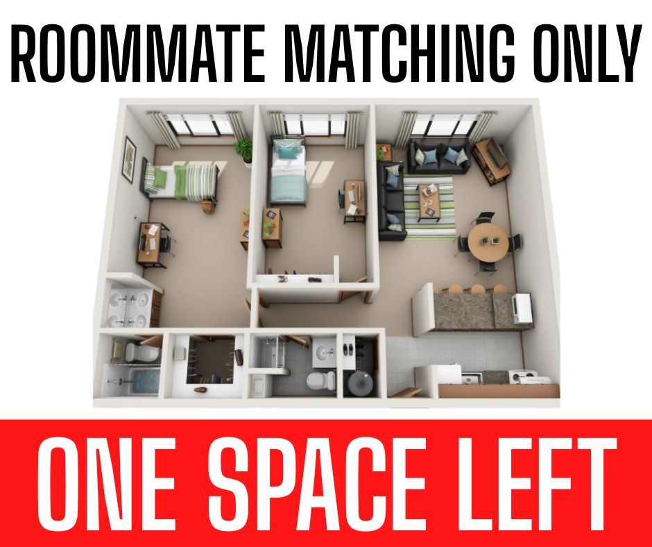 Contemporary 3D floor plan with two bedrooms, modern kitchen, cozy living room, and dual bathrooms, ideal for roommate matching with one space left.