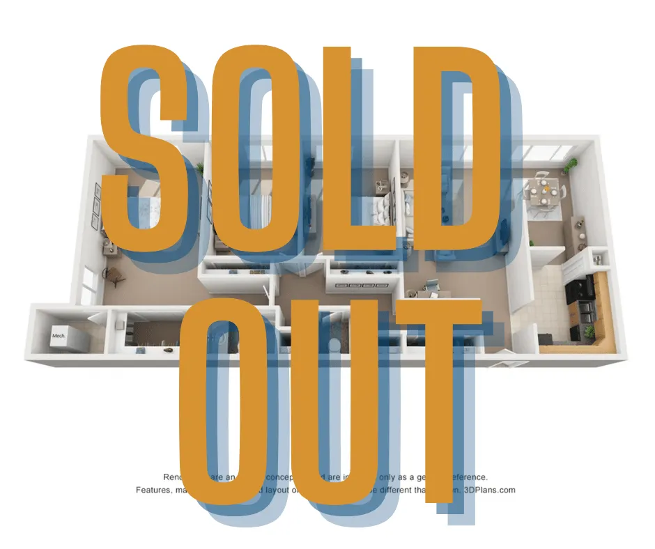 Charming 3D floor plan showcasing 2 cozy bedrooms, an inviting living area, and a modern kitchen, fully sold out.