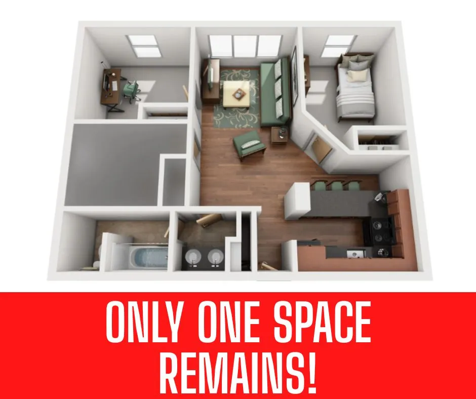Modern 3D floor plan showcasing a cozy 1-bedroom apartment with a spacious kitchen, inviting living area, and dedicated workspace. Act fast—only one space remains!