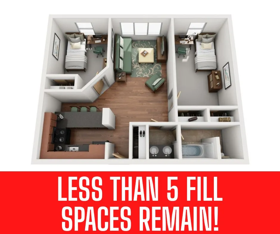 Charming 3D floor plan with 2 cozy bedrooms, a modern kitchen, inviting living area, and elegant bathroom. Last few units available!