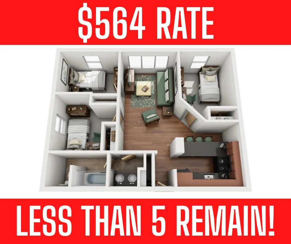 Charming 3D floor plan featuring 3 cozy bedrooms, a modern kitchen, and inviting living area with unbeatable $564 rate. Act fast - less than 5 units left!