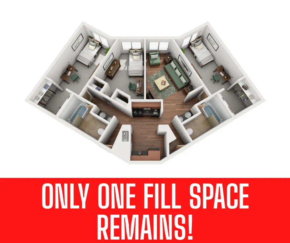 Modern 3D floor plan with three spacious bedrooms, stylish open-plan living area, and contemporary furnishings, emphasizing limited availability.