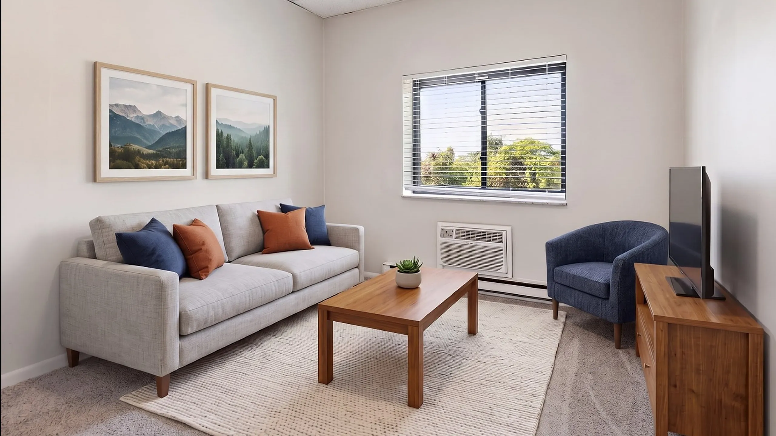 Bright and inviting living room featuring a modern gray sofa adorned with vibrant pillows, a sleek wooden coffee table, and scenic artwork, offering a perfect blend of comfort and style.