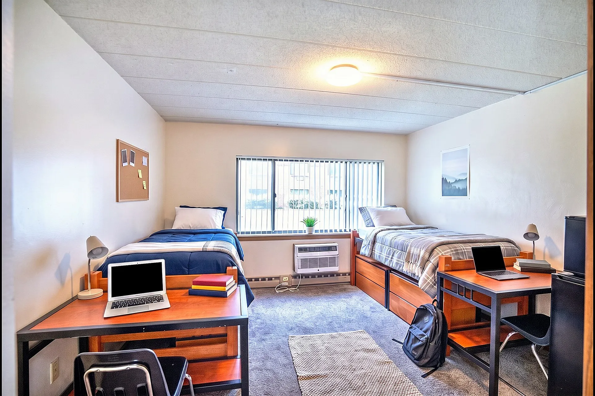 Cozy State College apartment room featuring two twin beds, bright natural light from large window, and study desks with modern decor.