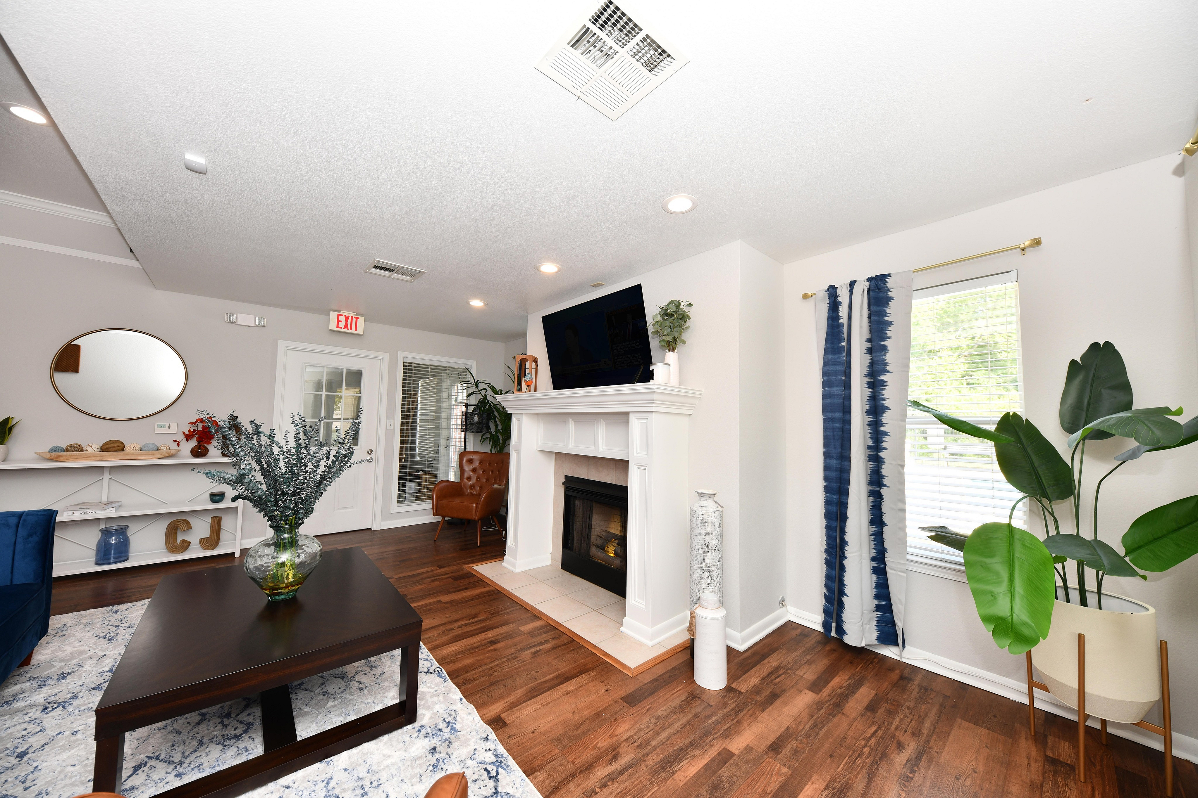 Bright and modern living room featuring hardwood floors, a cozy fireplace, and tasteful decor.