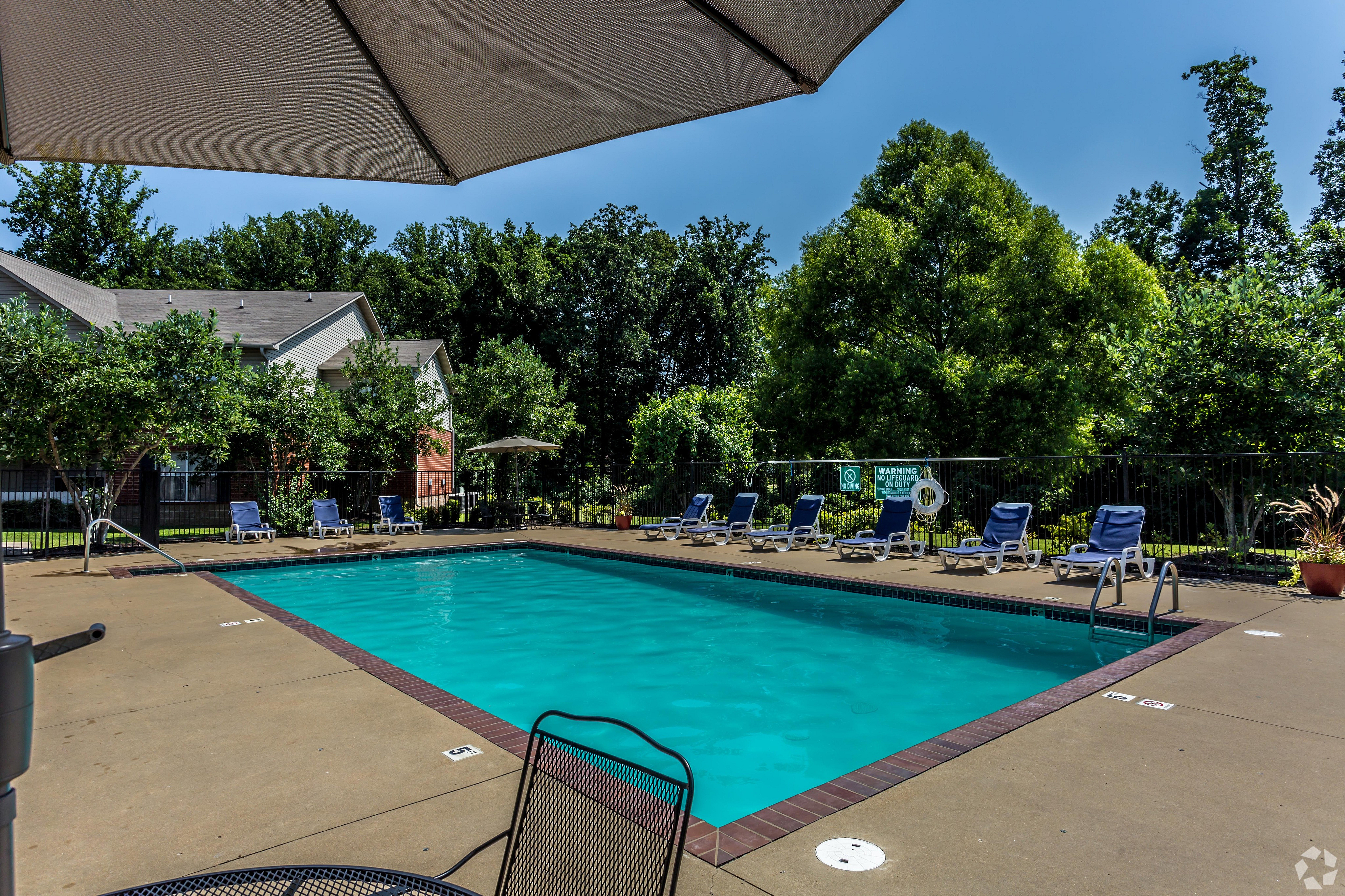 Inviting outdoor pool with comfortable lounge chairs under a large umbrella, surrounded by lush greenery.