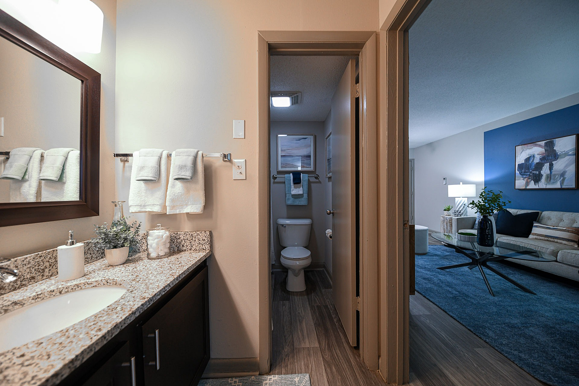 Chic bathroom interior leading to a cozy living area with stylish decor.