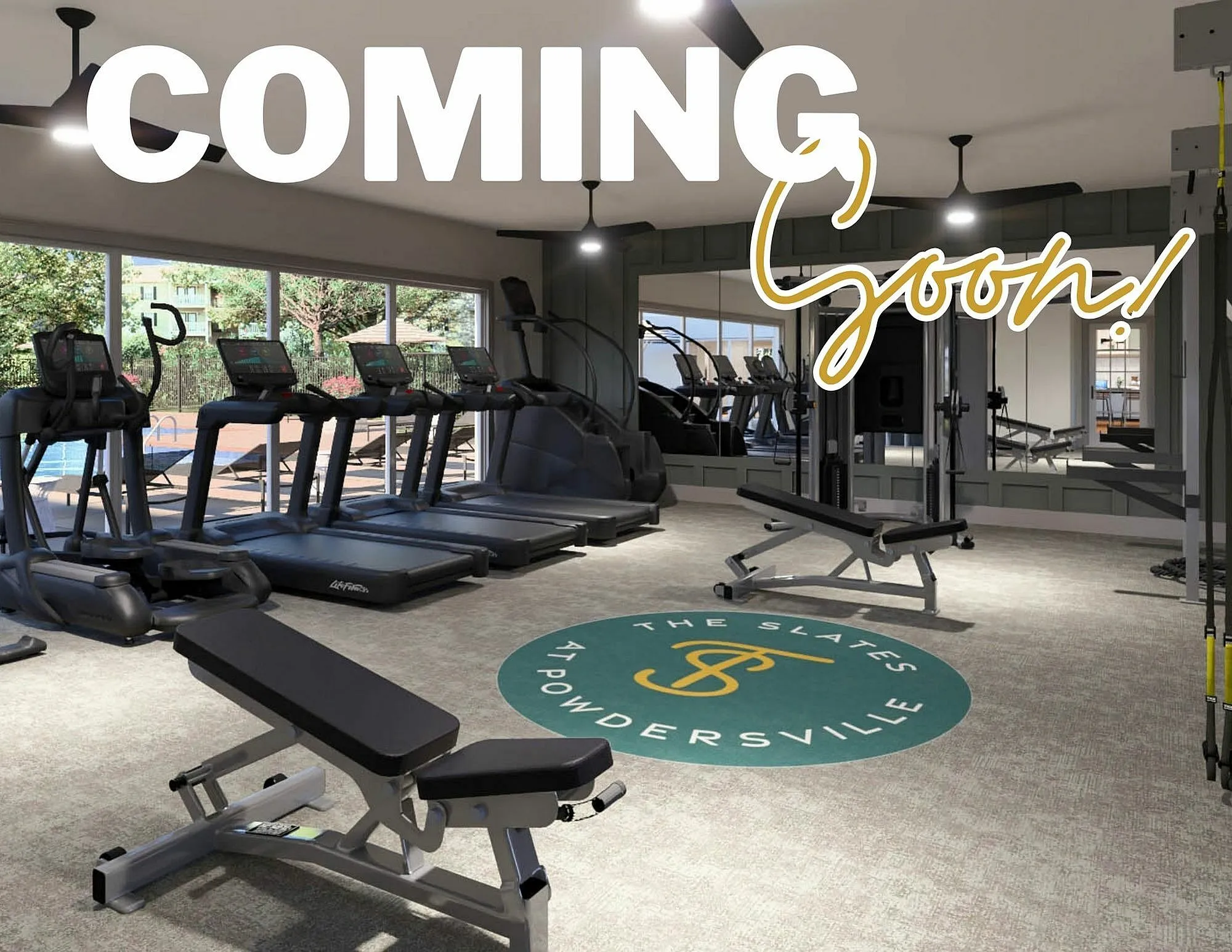 Sleek fitness center at The Slates at Powdersville, featuring modern equipment and bright interiors, coming soon.