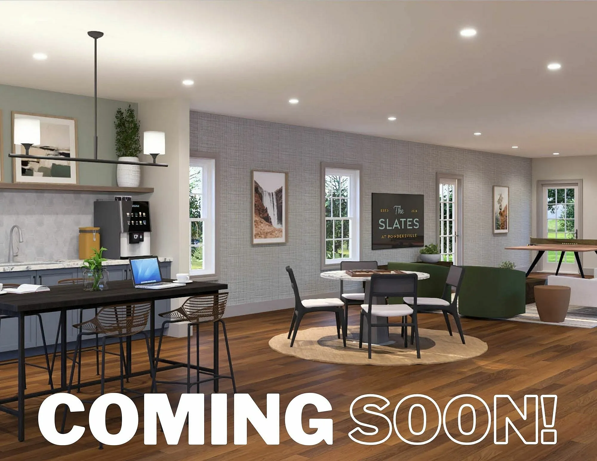 Modern open-concept apartment with a stylish kitchen, elegant dining area, and vibrant working space, soon at The Slates at Powdersville.