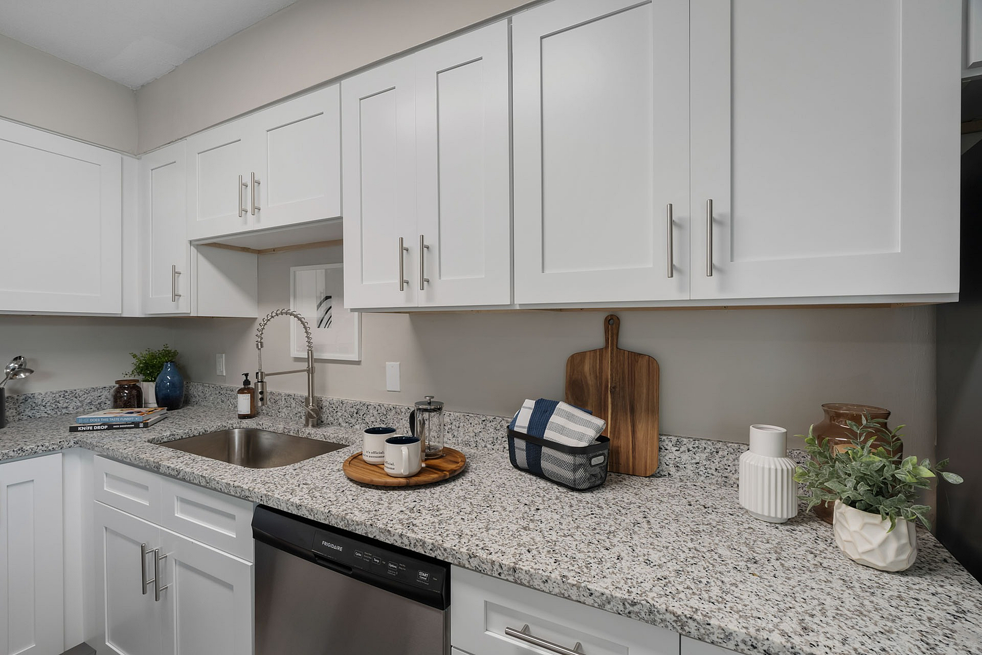 Modern kitchen featuring sleek white cabinets, granite countertops, and stylish decor accents for a sophisticated culinary space.