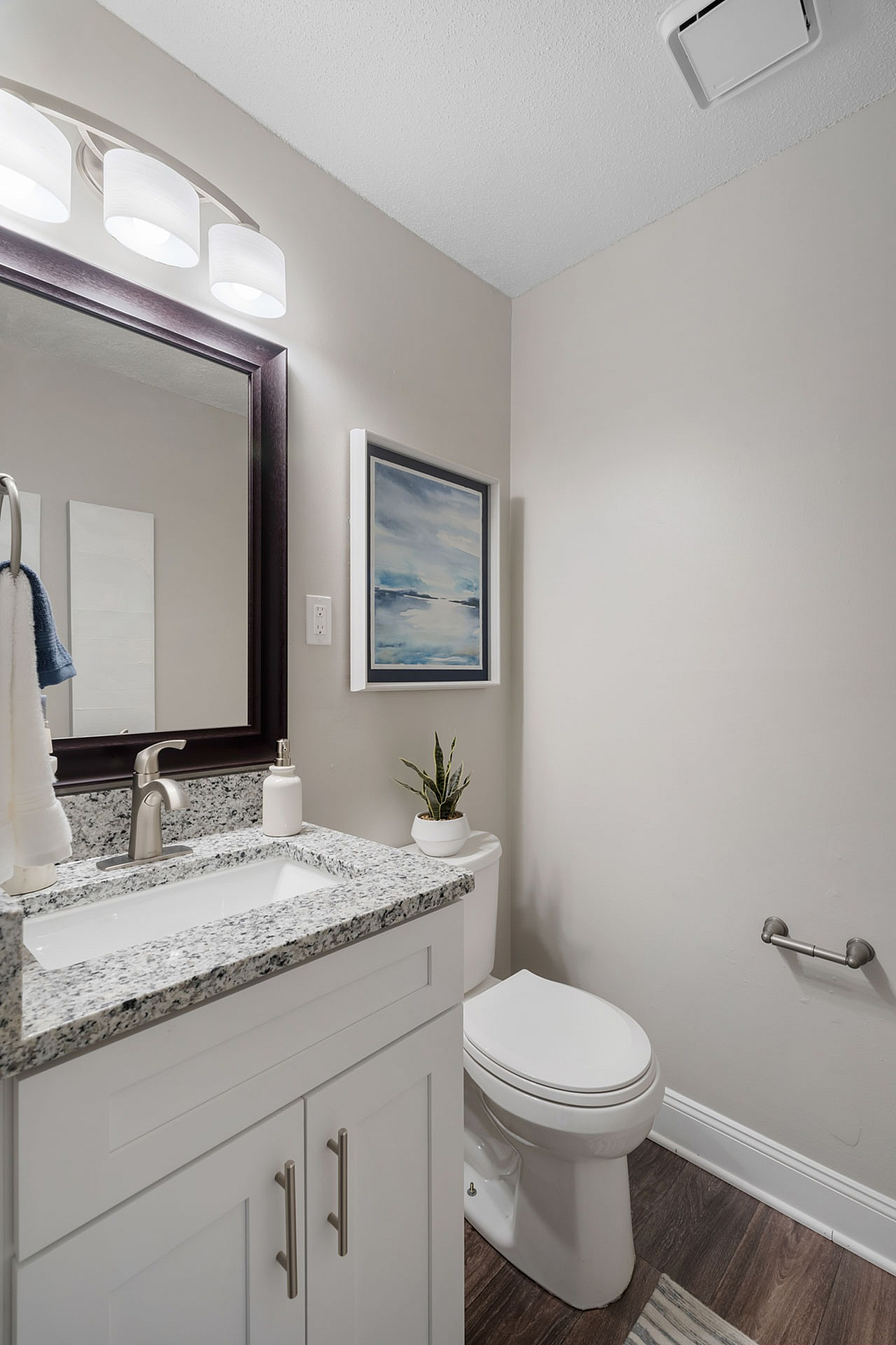 Modern bathroom with elegant granite countertop, stylish vanity, and contemporary artwork for a refreshing ambiance.
