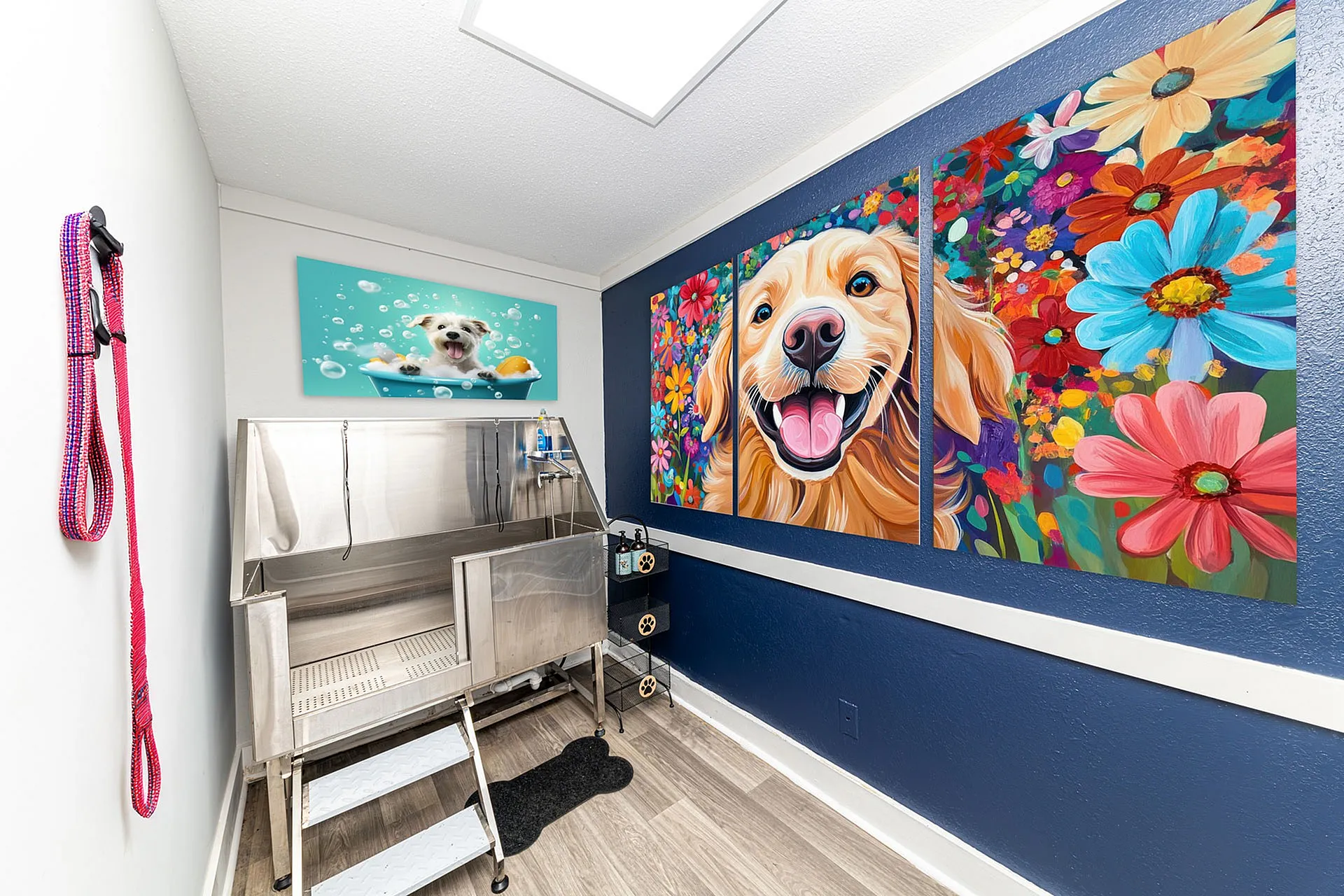 Bright pet grooming area in an apartment with vibrant dog-themed artwork and modern stainless steel washing station.