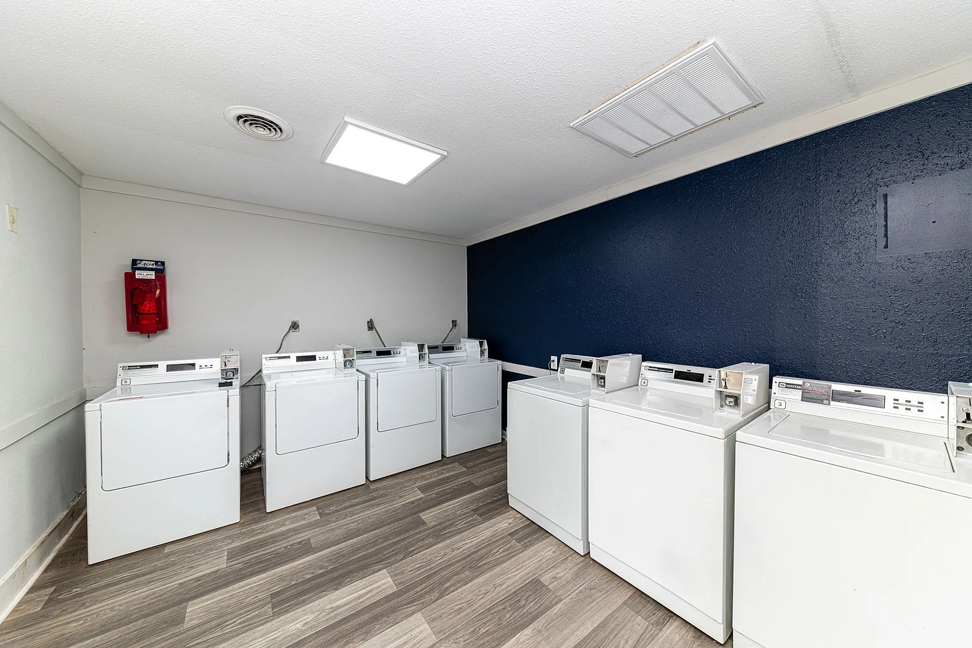 Bright and modern laundry room featuring six efficient white washing machines against a navy accent wall, enhanced by stylish wood-look flooring.
