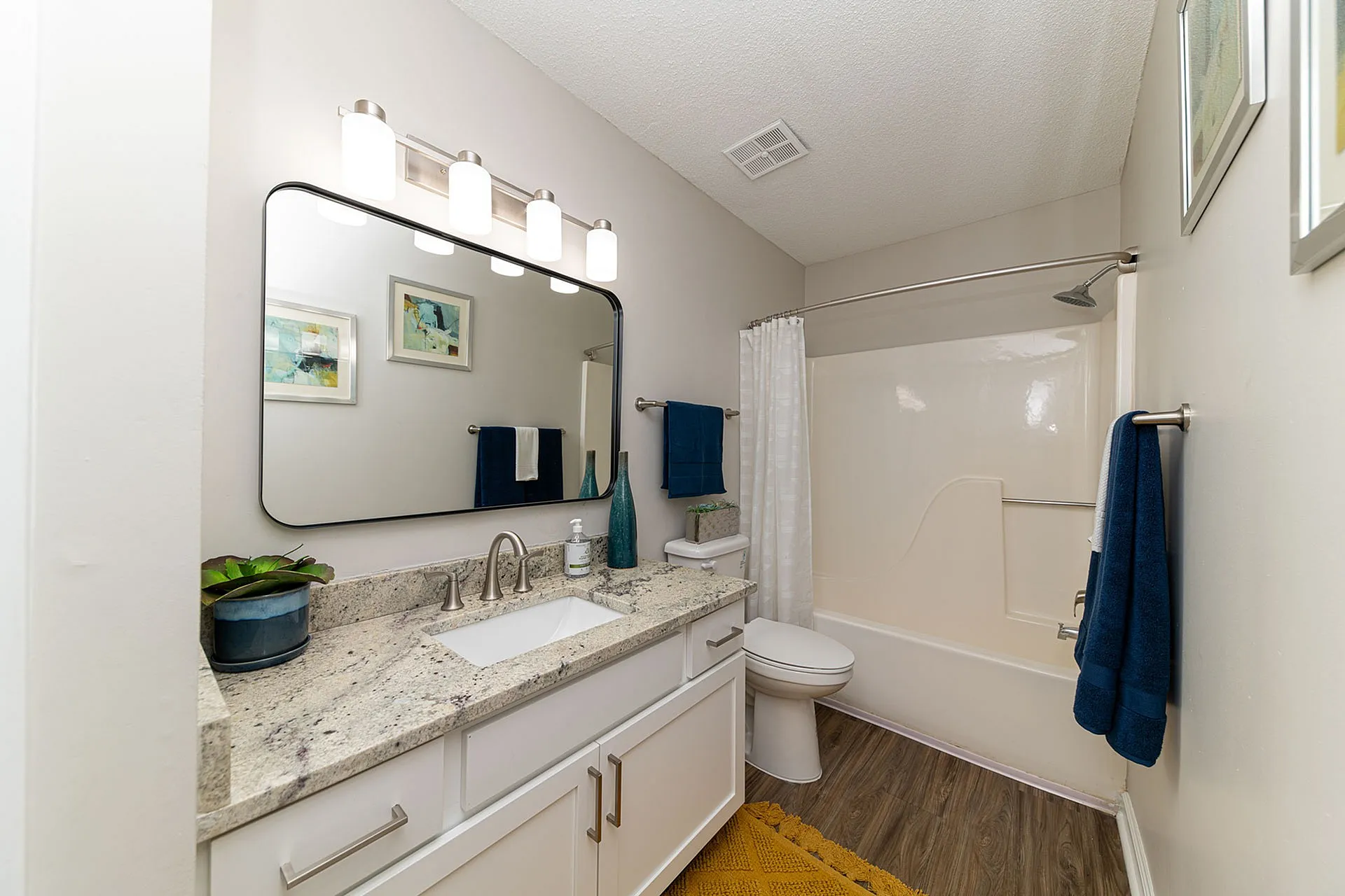 Elegant bathroom with modern vanity, large mirror, and stylish decor, complemented by a spacious bathtub and marble countertop.