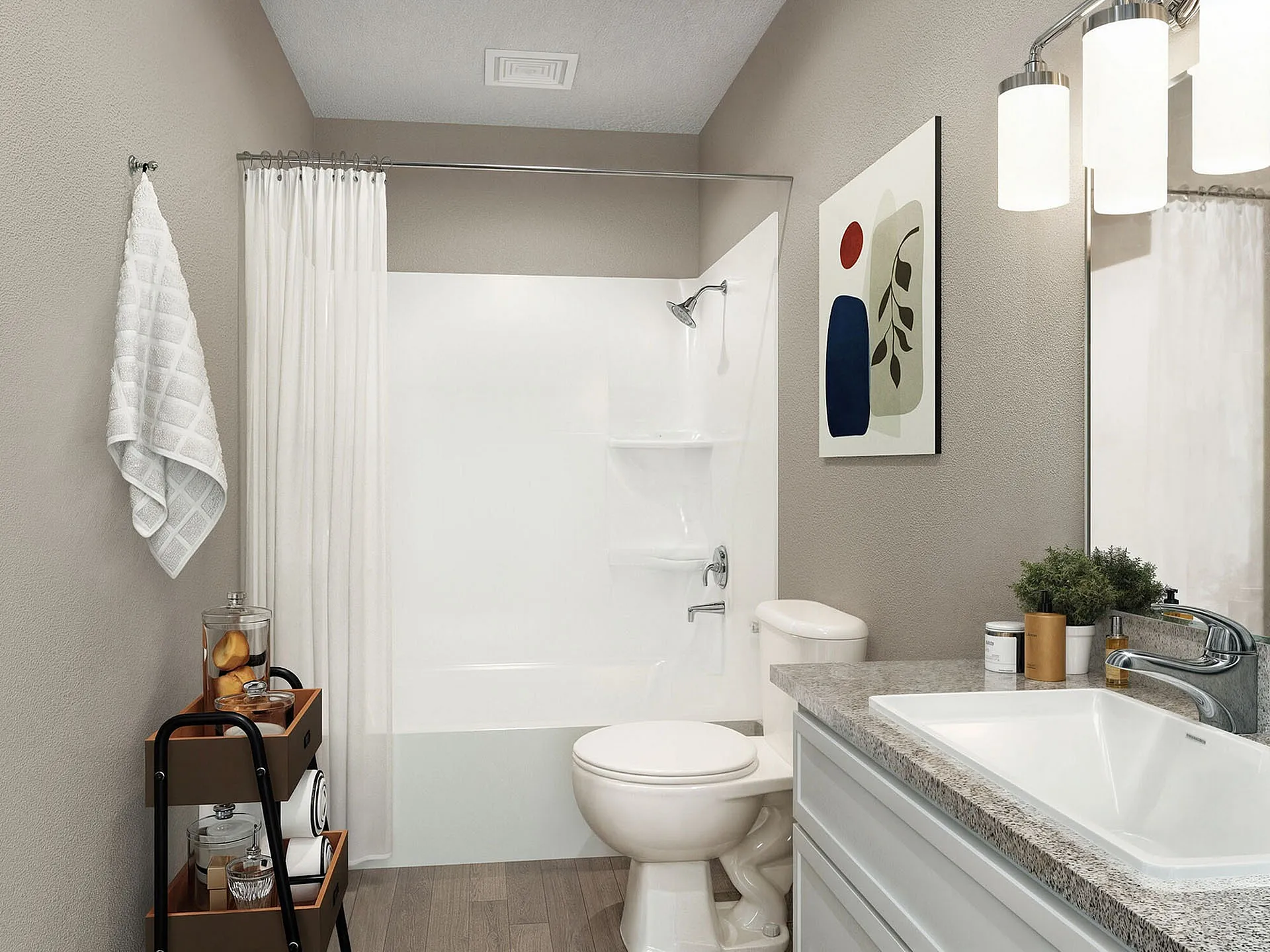 Modern bathroom with sleek vanity, elegant fixtures, and shower tub, exuding a clean and sophisticated aesthetic.