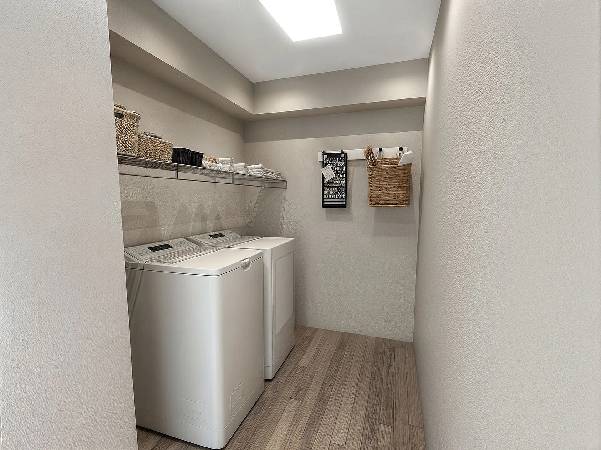 Bright and efficient laundry room with modern washing appliances, elegant shelving, and stylish storage.
