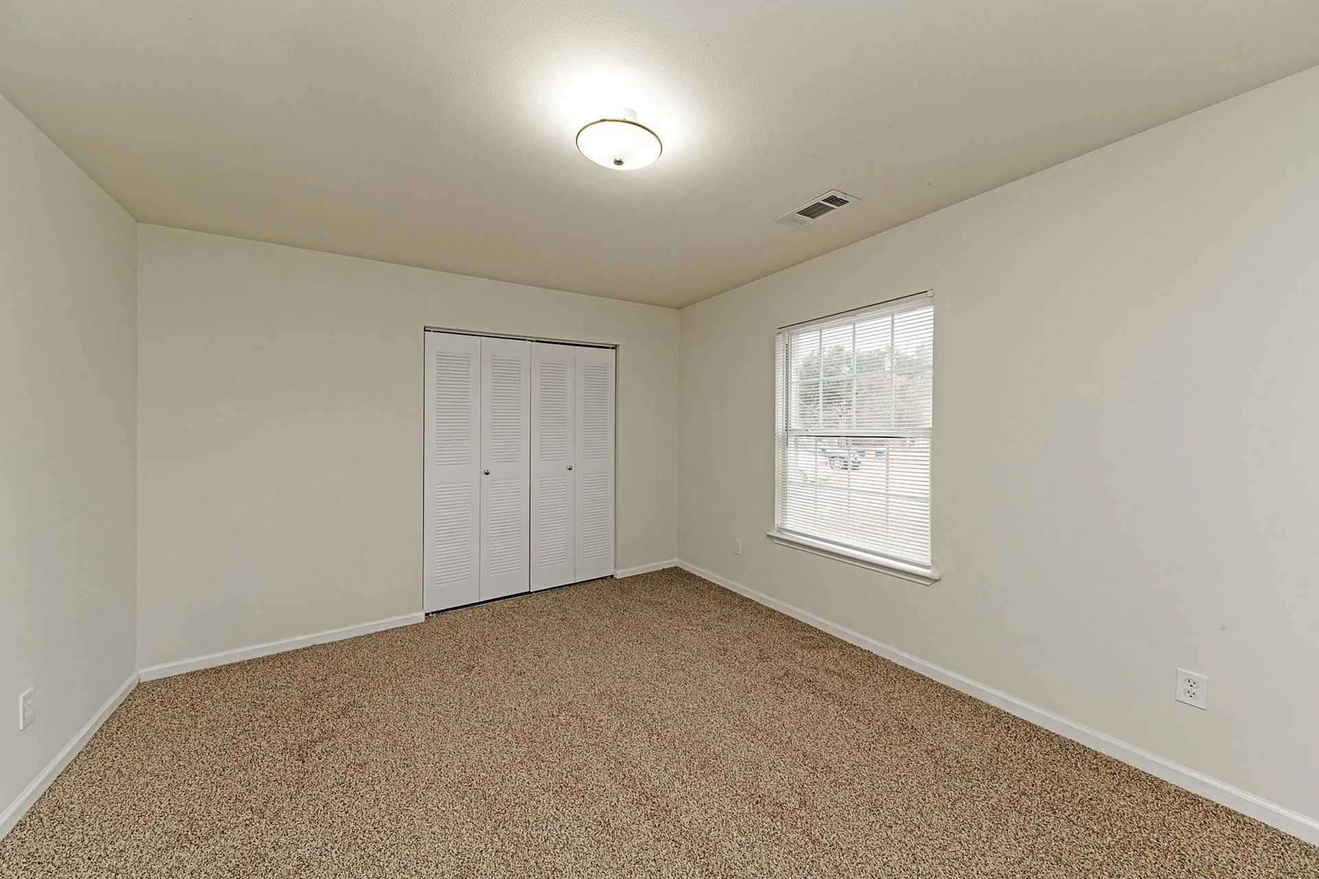 Bright and inviting empty room with plush carpet, ample closet space, and a large window for natural light.