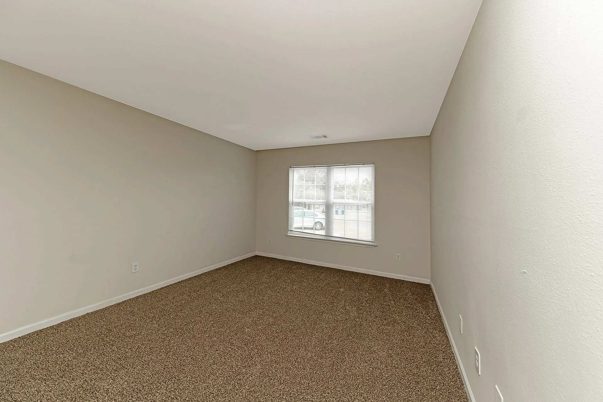 Bright and spacious room with soft carpet flooring, large window, and neutral color palette, ideal for customizable living space.