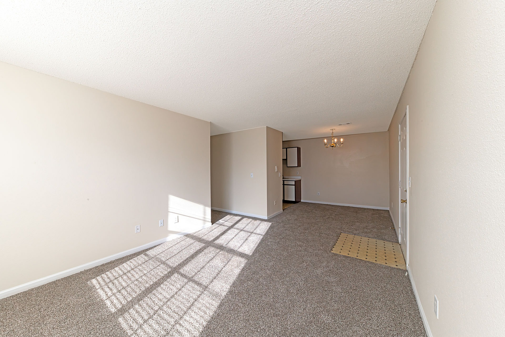 Bright and spacious living area with plush carpeting, natural light streaming through large windows, and an elegant chandelier in the dining space.