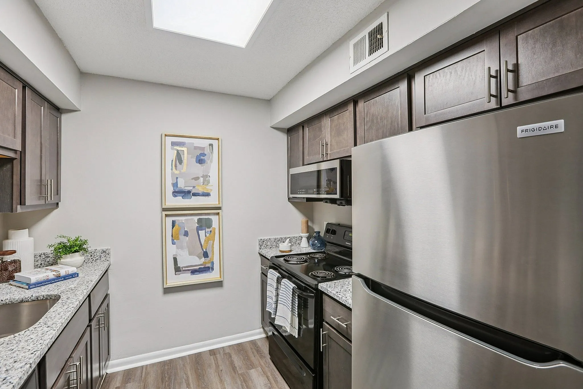 Modern kitchen with sleek stainless steel appliances, elegant dark wood cabinets, and granite countertops under a skylight.