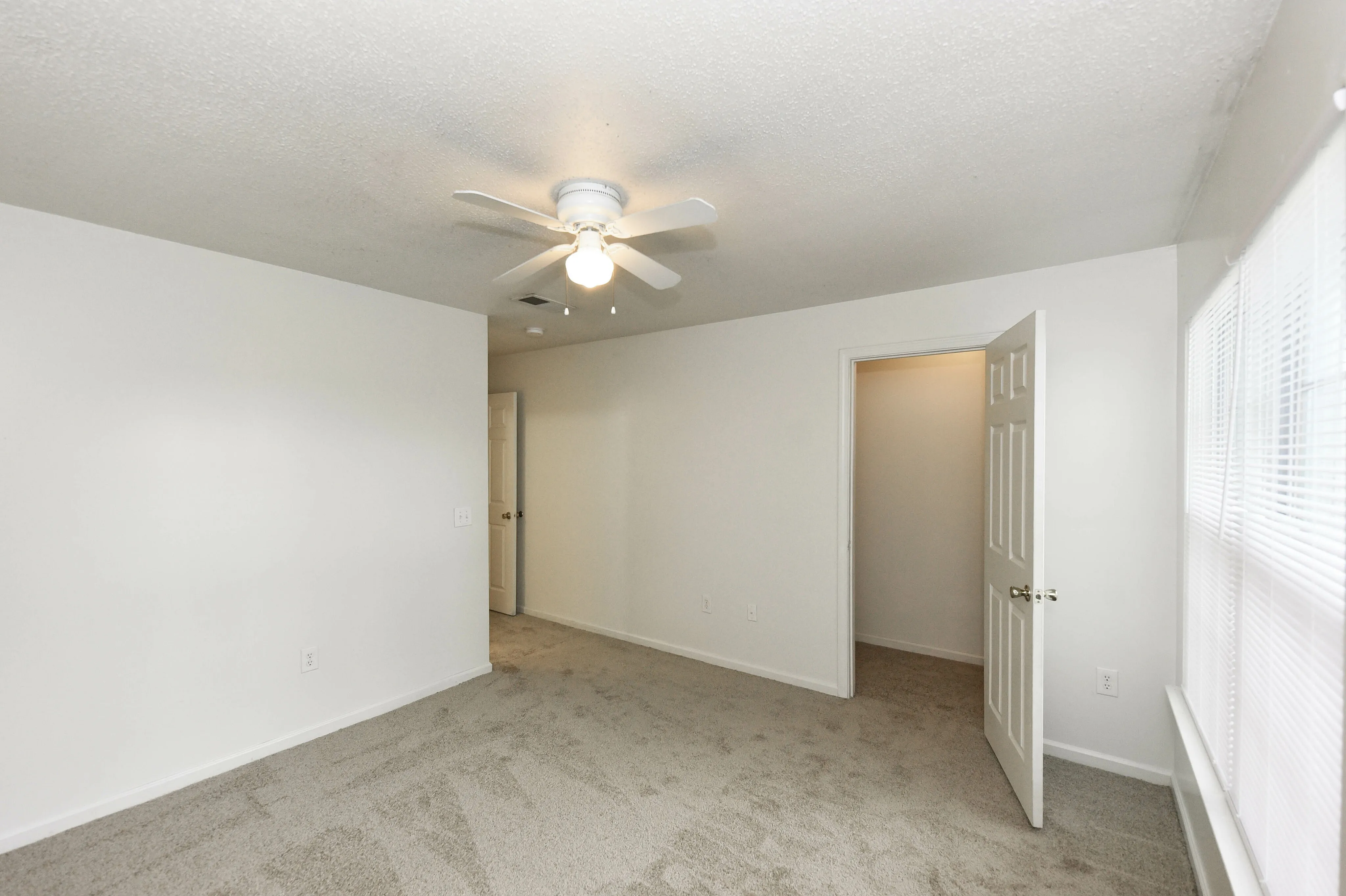 Bright and inviting bedroom with plush carpet, ceiling fan, and large window, offering ample natural light.