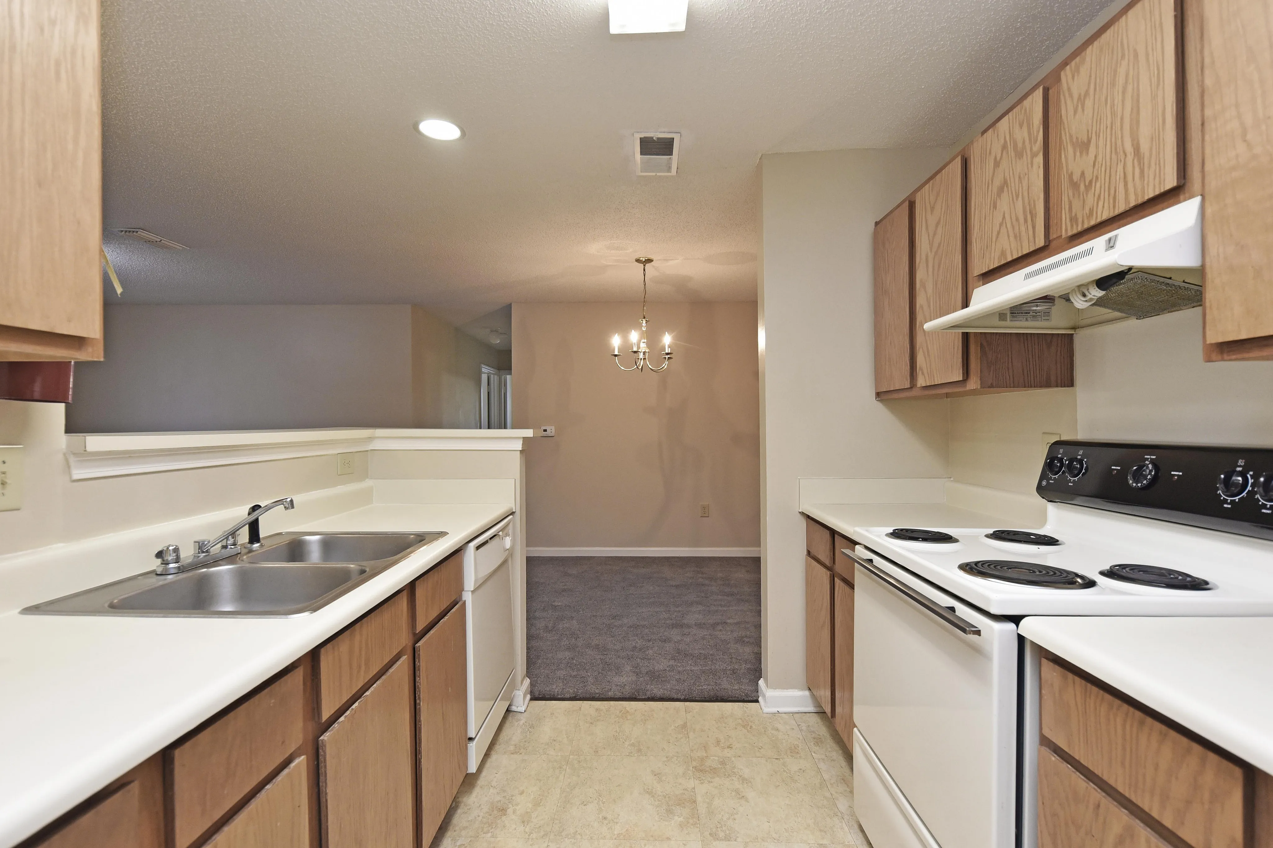 Spacious kitchen featuring modern appliances, ample countertop space, and elegant overhead lighting.