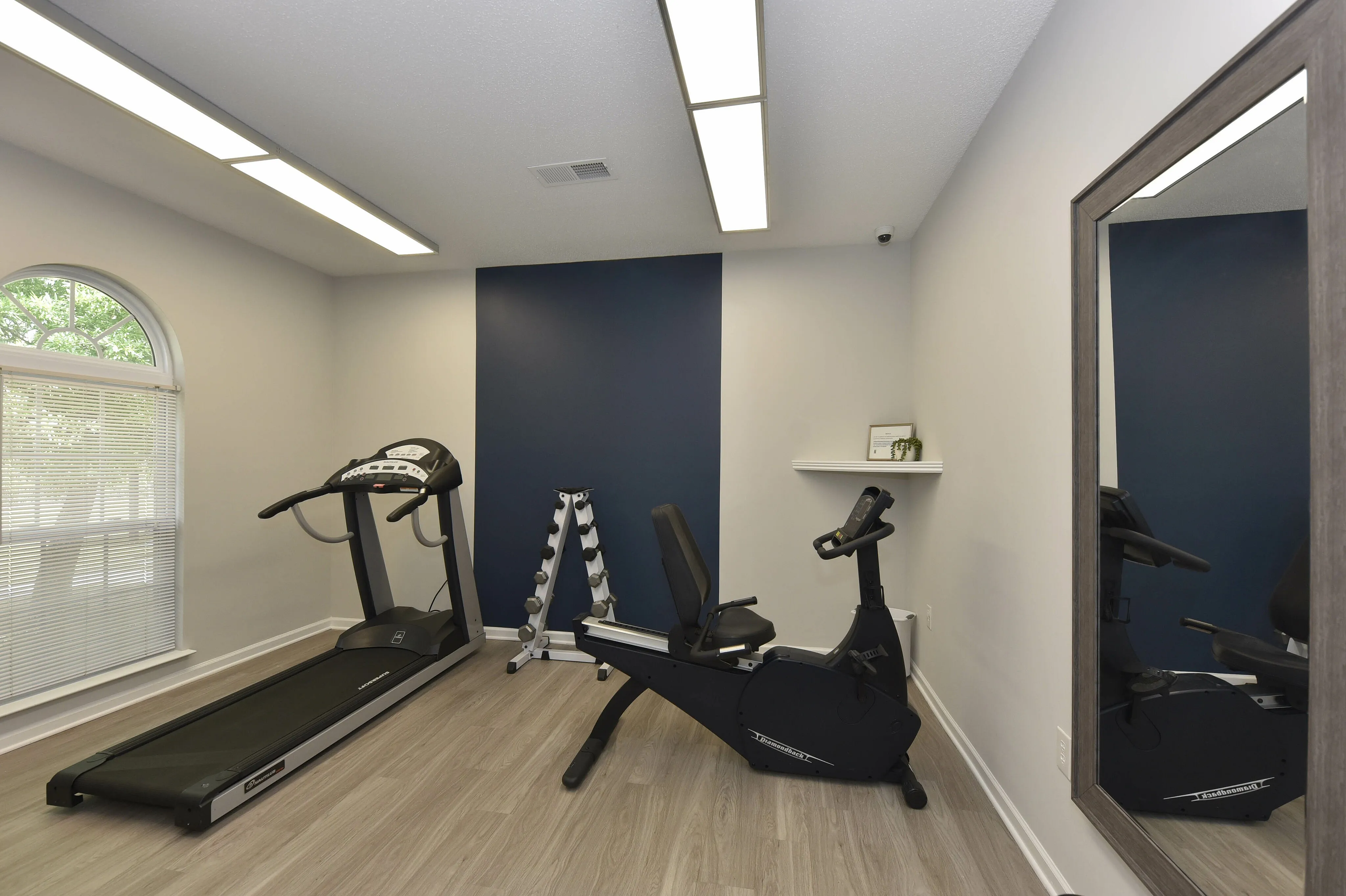 Modern fitness room with a treadmill, exercise bike, and full-length mirror, featuring sleek wooden floors and ambient lighting.