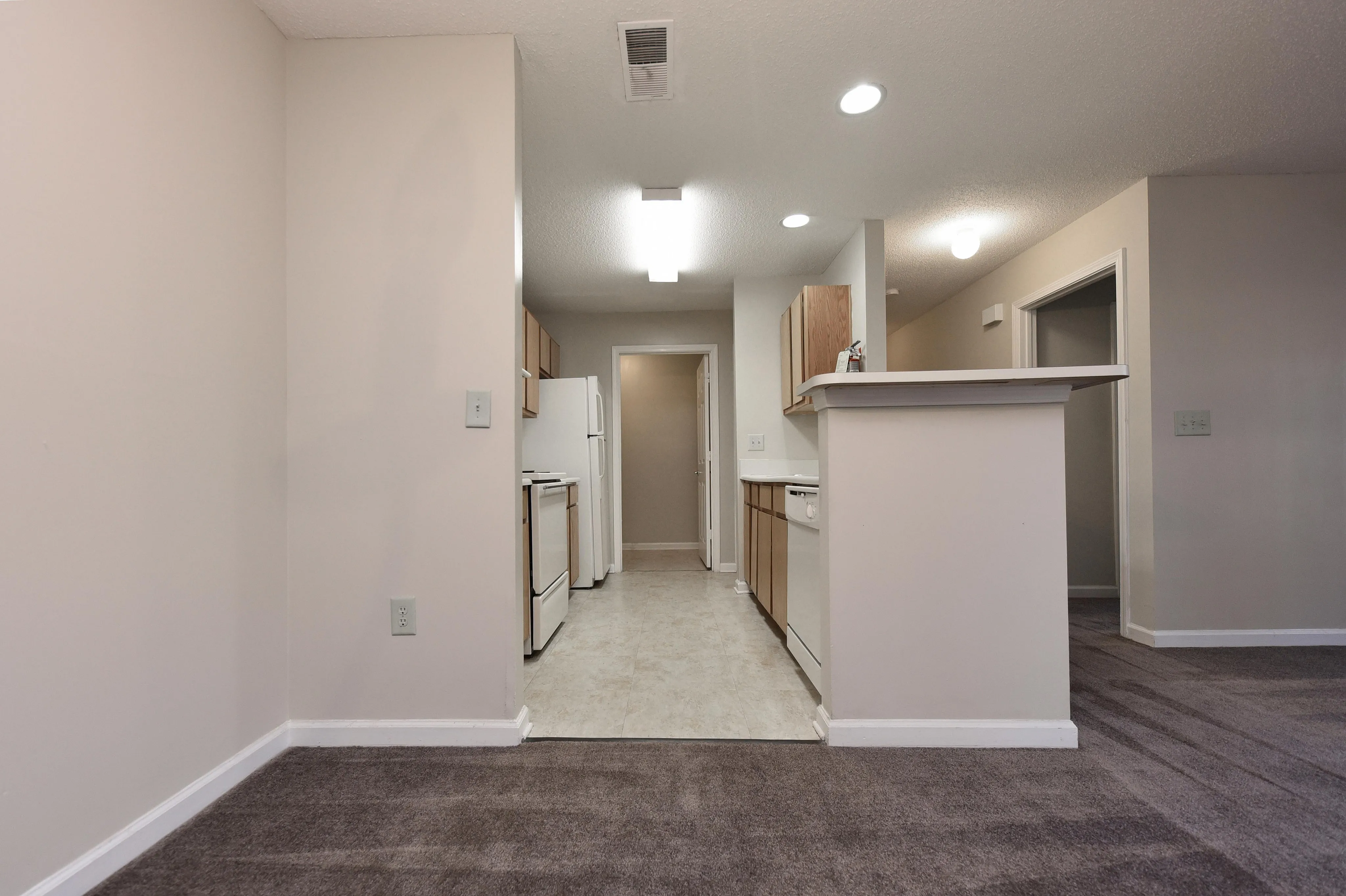 Inviting apartment kitchen featuring sleek countertops, modern cabinetry, and a cozy dining area with plush carpet flooring.