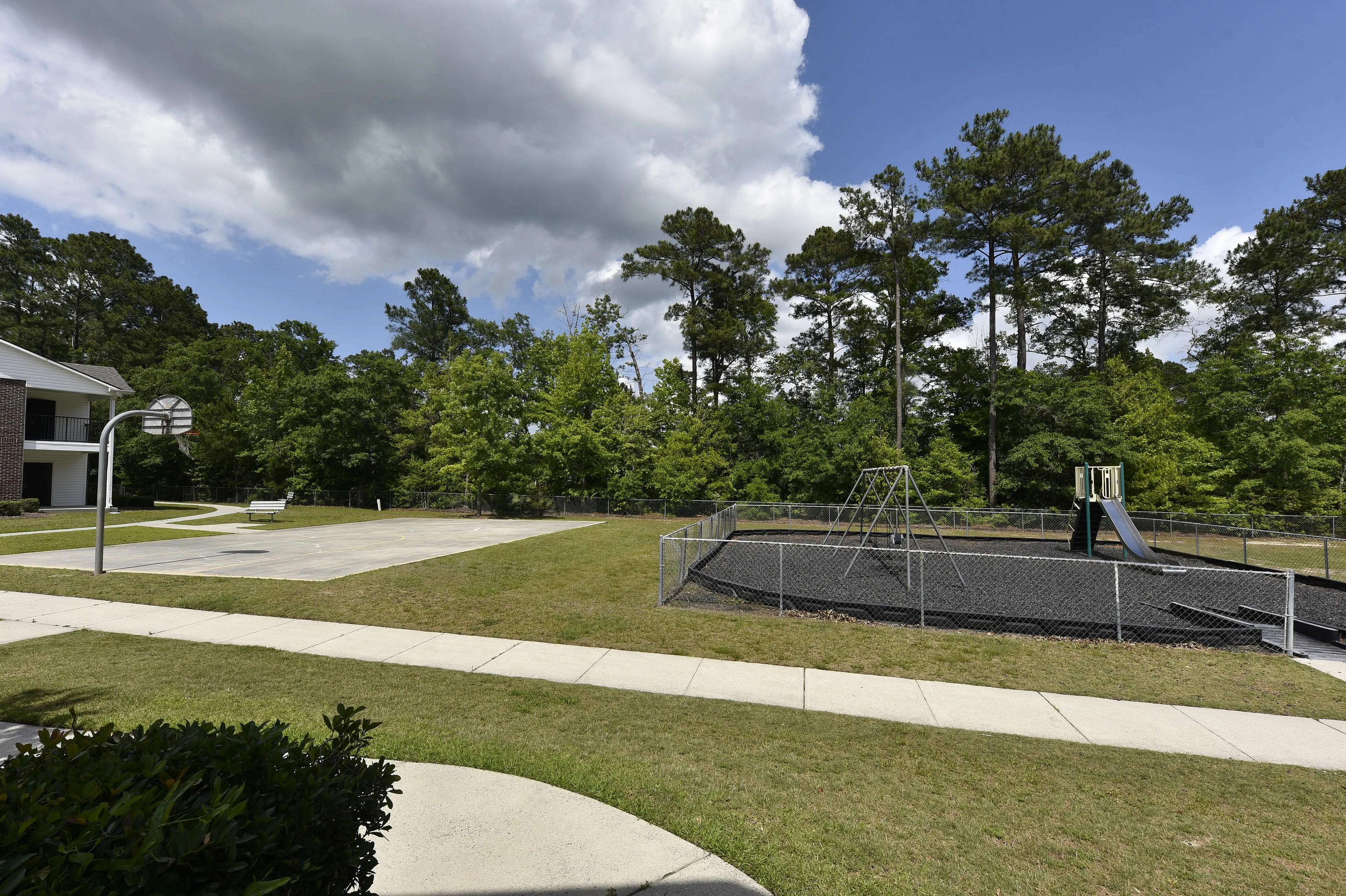 Inviting green space with a basketball court and playground, surrounded by lush trees, offering a perfect outdoor retreat.