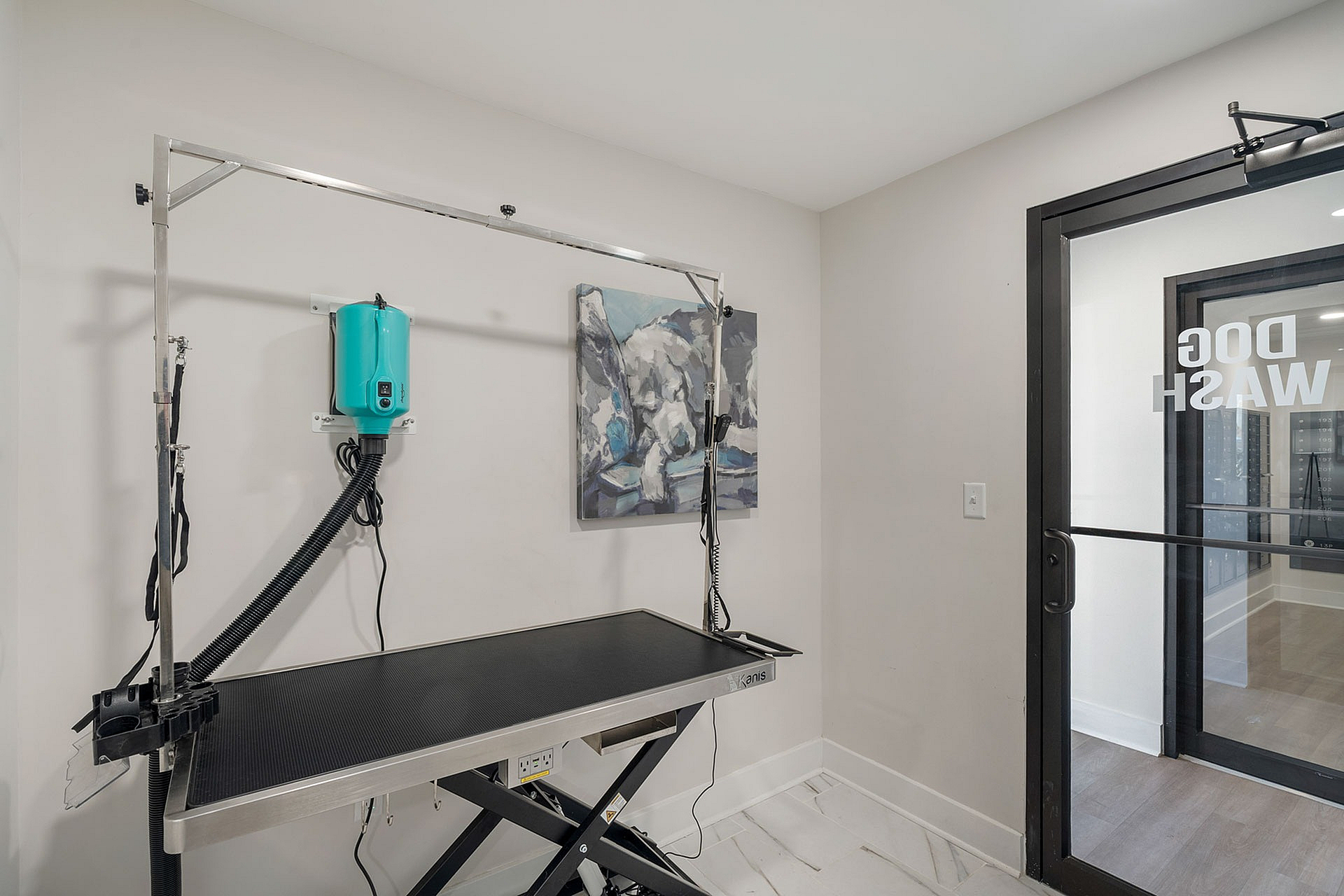 Modern dog wash station in a sleek apartment building with stylish artwork and transparent door for easy access.