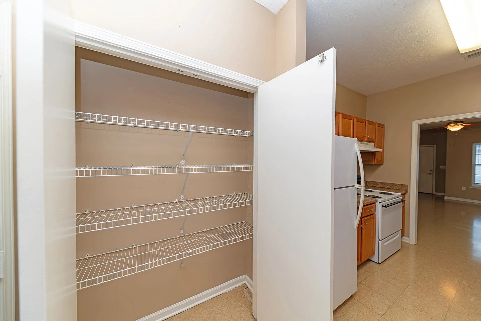 Spacious kitchen with ample storage shelves and modern appliances, enhancing functionality and style.