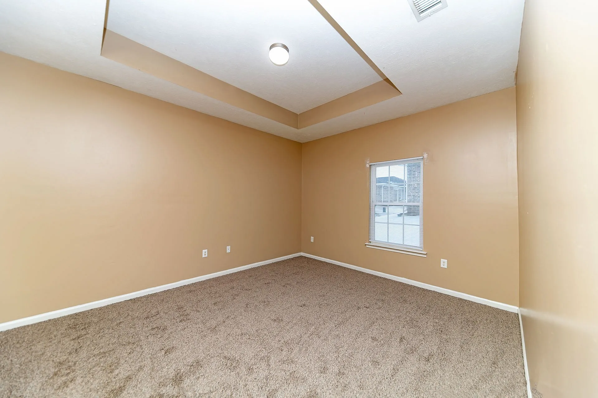Bright, freshly painted room with elegant tray ceiling, cozy carpeting, and a sunlit window, perfect for a bedroom or home office.