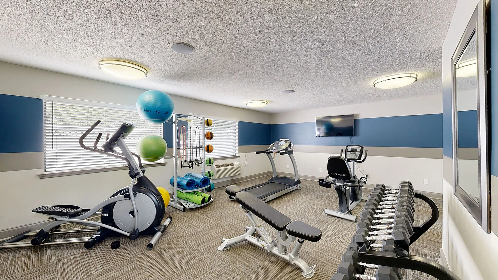 Modern apartment gym with cardio equipment, free weights, and exercise balls, offering a bright and energized workout space.