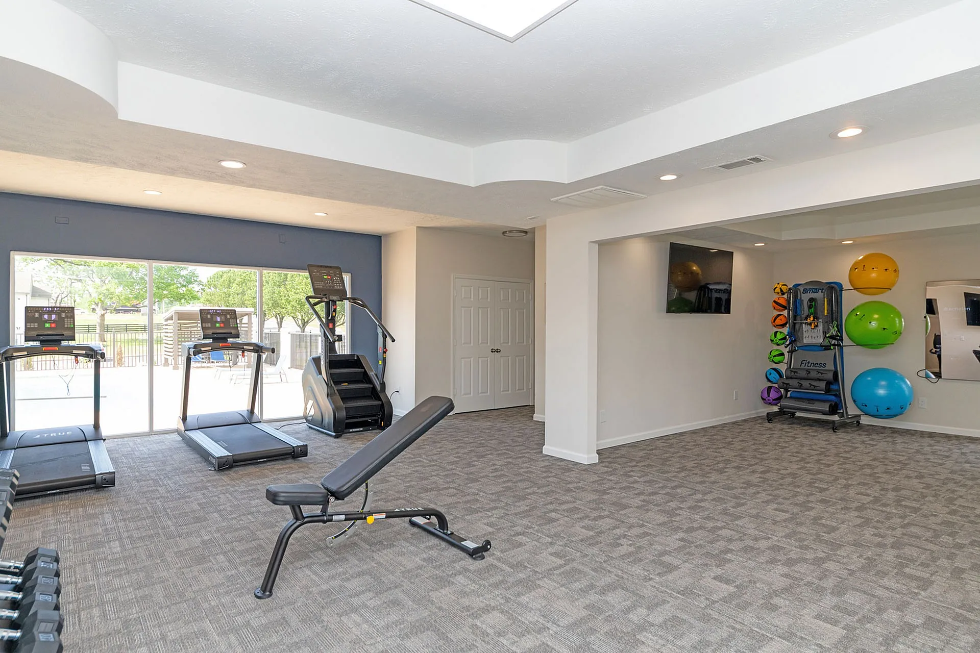 Modern fitness center featuring treadmills, stair climber, weight bench, and vibrant exercise balls, bathed in natural light.