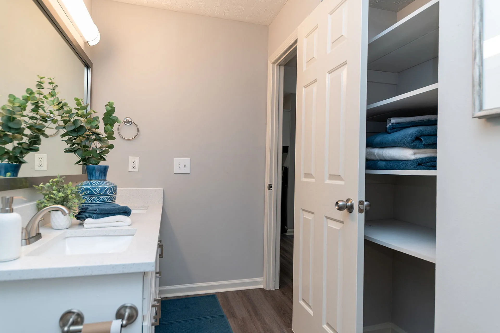 Elegant bathroom with sleek white vanity, stylish faucet, and organized linen closet, enhanced by modern decor and soft lighting.